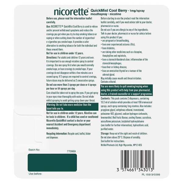 Nicorette QuickMist Berry 1mg Mouthspray Duo (Stop Smoking)