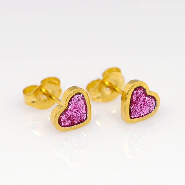 Studex 24ct Gold Plated Heart Pink Glitter Earrings