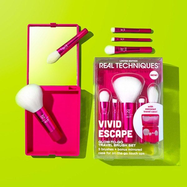 VIVID ESCAPE GLOW-TO-GO-TRAVEL BRUSH SET + MIRRORED COMPACT