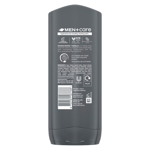 Dove Men+Care Sandalwood + Vanilla 3-in-1 Hair, Face & Body Wash 400ml