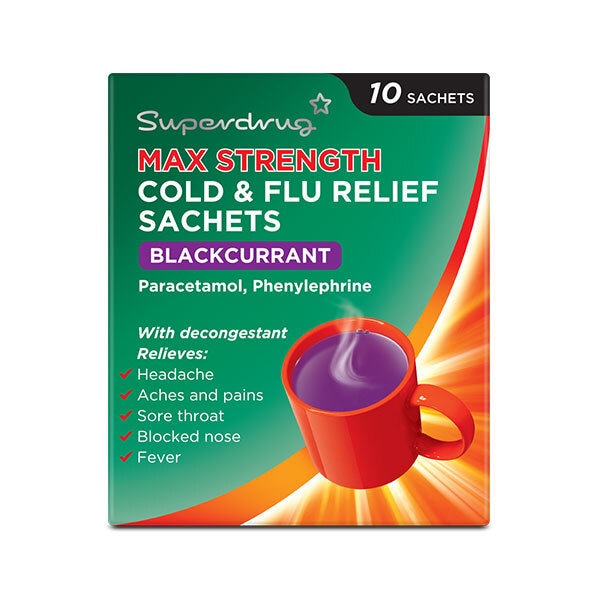 Superdrug Max Strength Blackcurrant Cold & Flu Sachets x10
