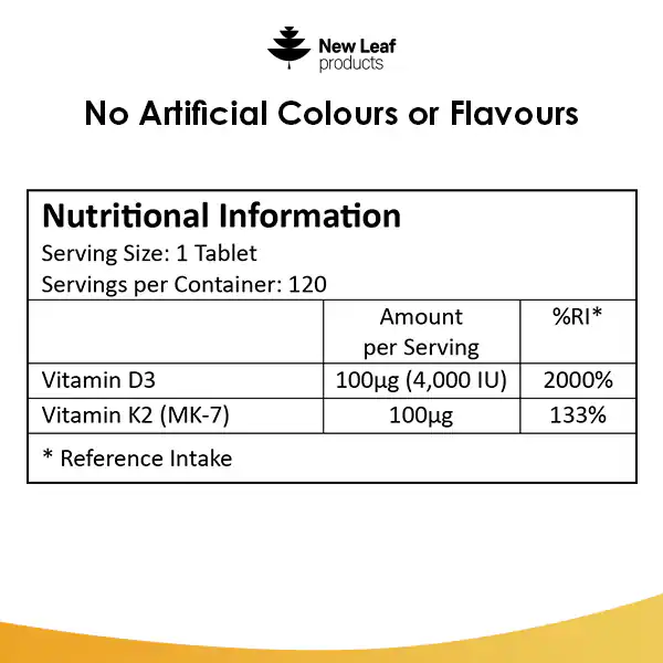 New Leaf Vitamin D3 & K2 Tablets D3 4000iu + K2 100mcg