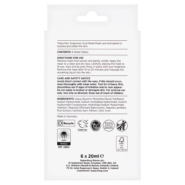 Me+ Hyaluronic Acid Sheet Mask 6pk