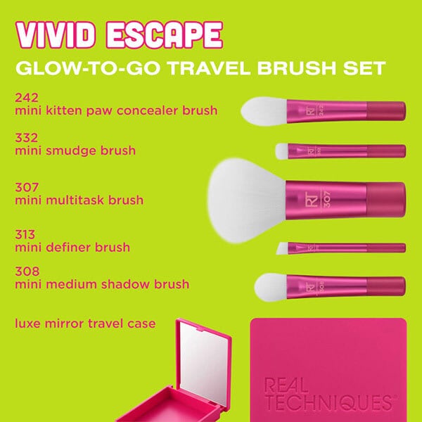VIVID ESCAPE GLOW-TO-GO-TRAVEL BRUSH SET + MIRRORED COMPACT