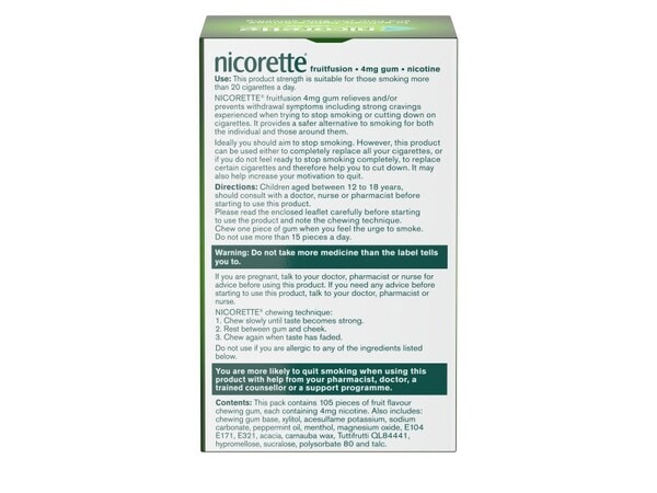 Nicorette Fruitfusion 4mg Gum Nicotine 105s (Stop Smoking)