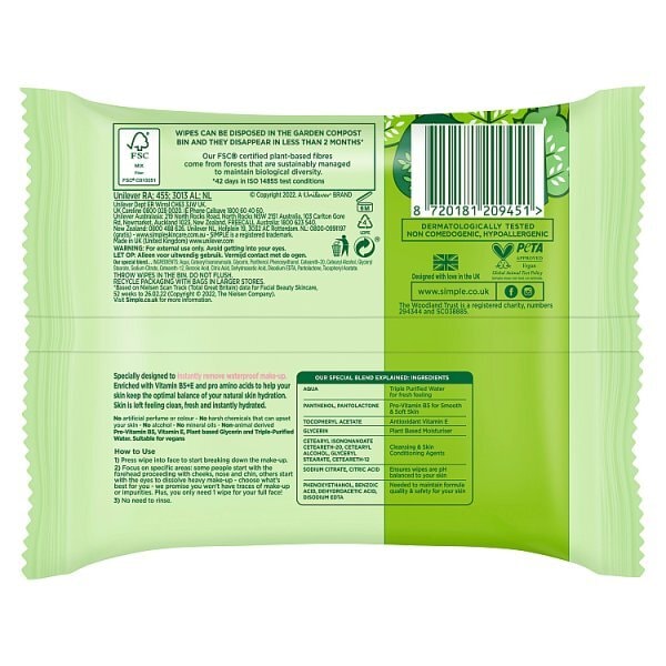 Simple Kind to Skin Bio-degradable Cleansing Wipes 50 wipes