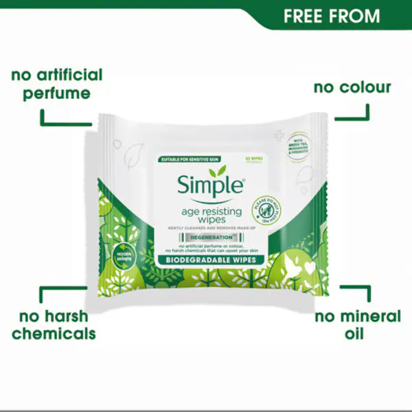 Simple Age Resisting Biodegradable Facial Wipes 20 Wipes