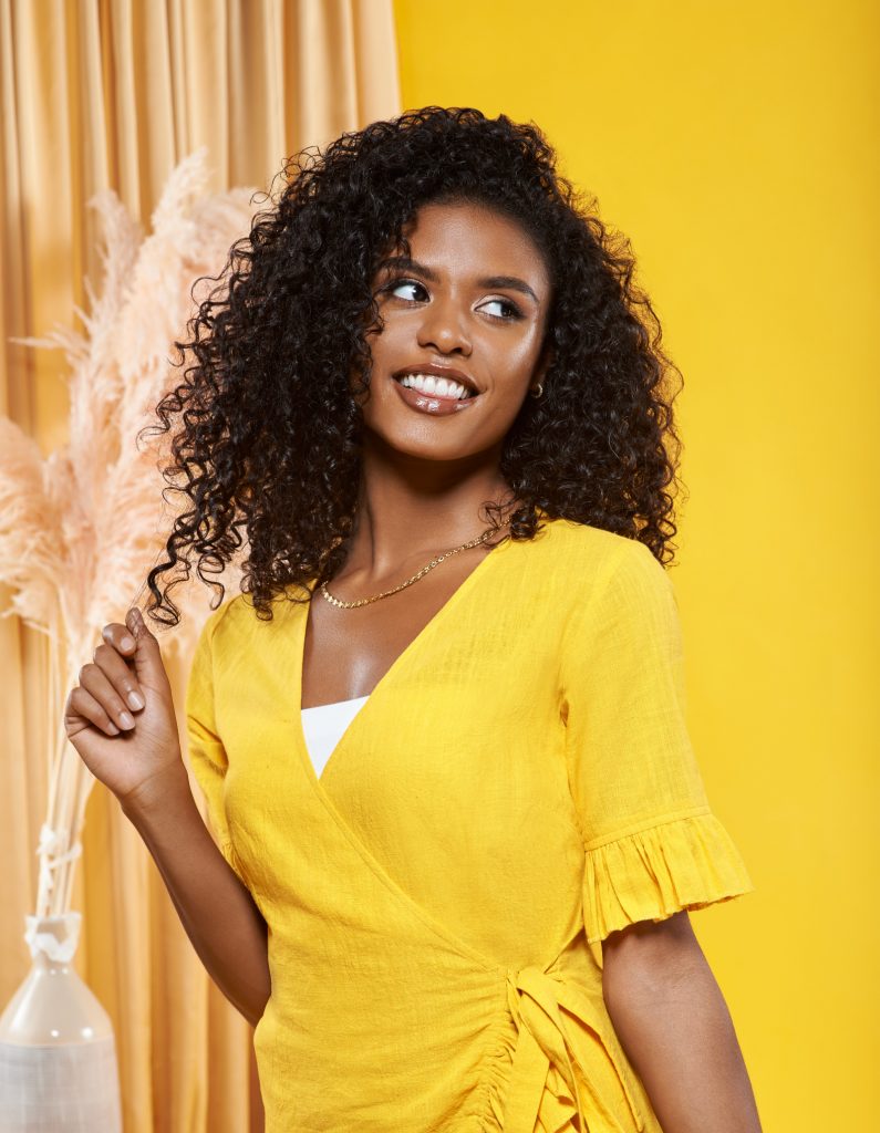 Female model with long curly hair