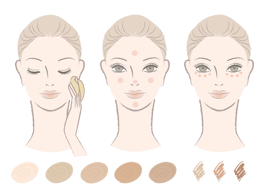 Beautiful woman and how to apply foundation and concealer with color swatches. Isolated on white. Cut-out. For other variation, check my portfolio.