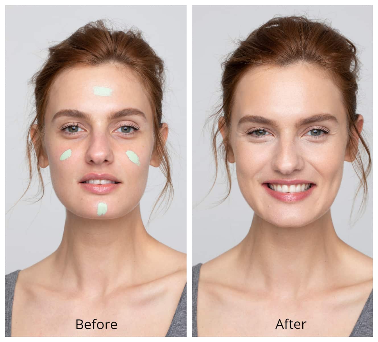 Young female with green colour concealer on her face before and after blending