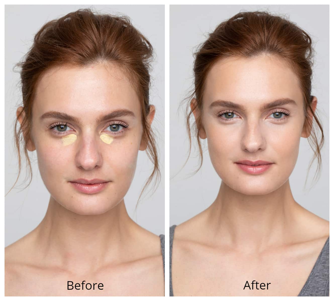 Young female with yellow coloured concealer under her eyes before and after blending