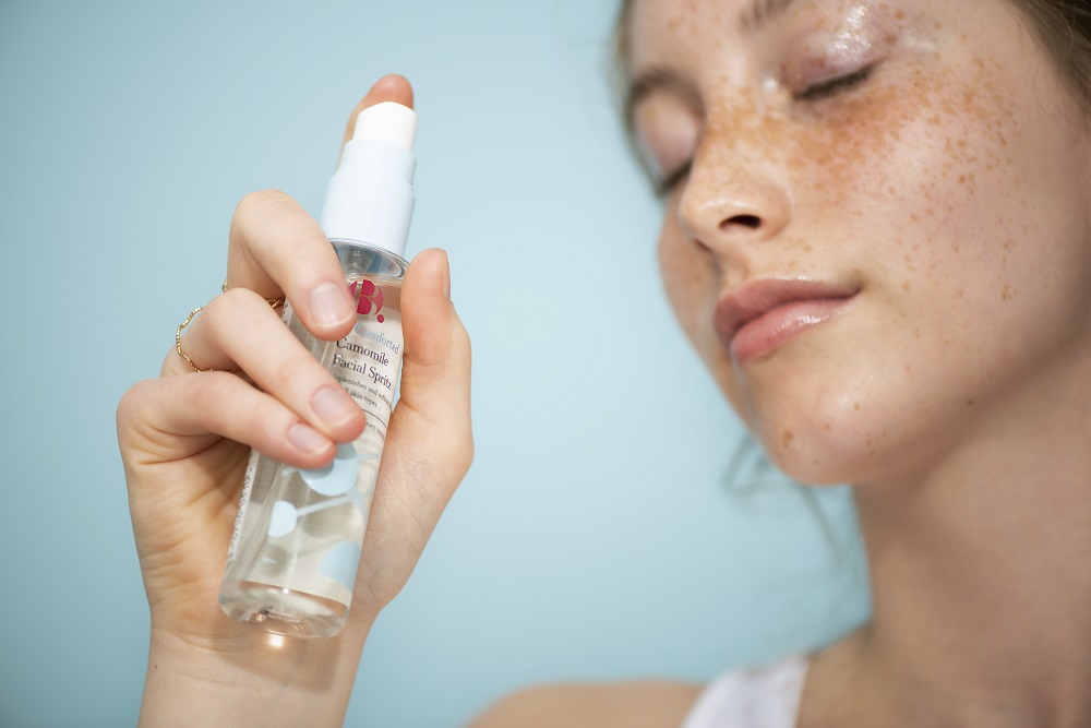 Fair skinned model with B by Superdrug Chamomile facial spritz