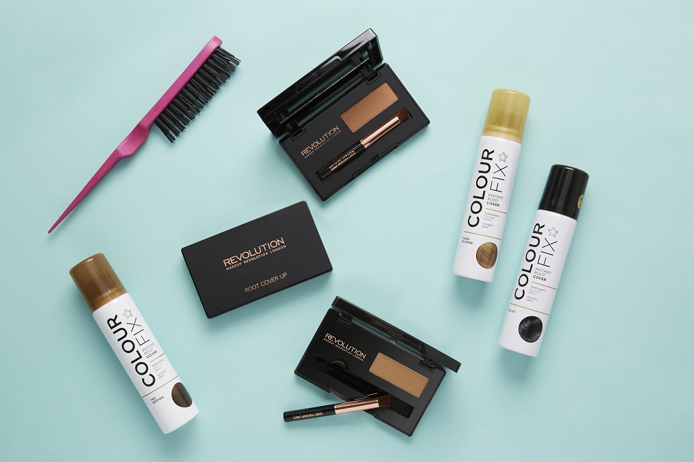 Flat lay of various hair root touch up products