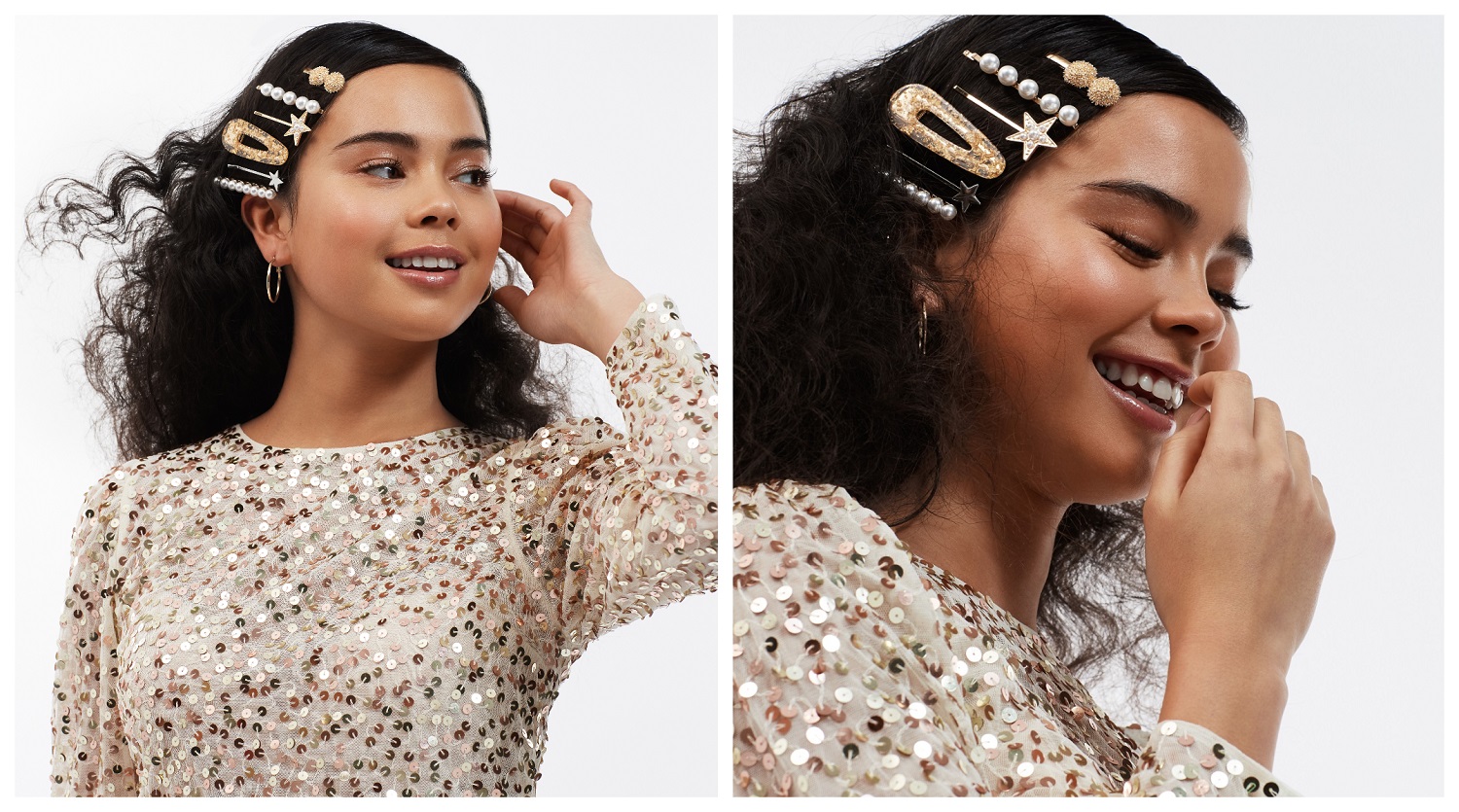 Female with long black afro natural hair and hair clips in the side of her hair