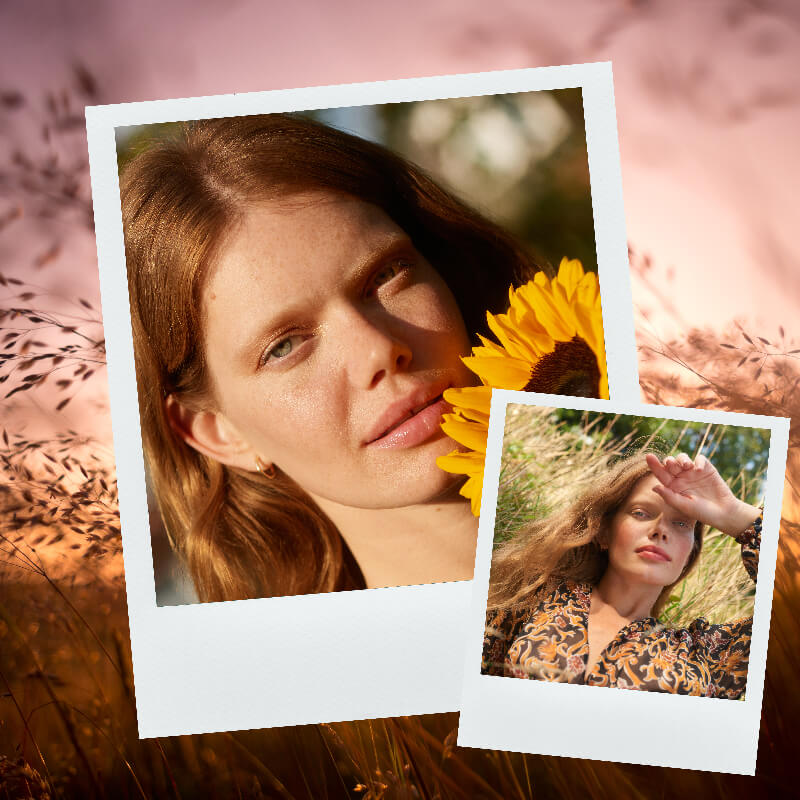 Festival beauty in the 70s with red haired female in a field 