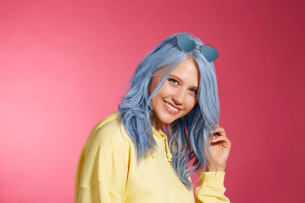 Young model with light blue hair