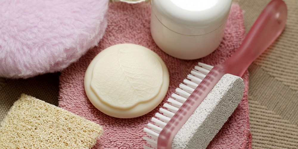An arrangement of items used at a spa are photographed.